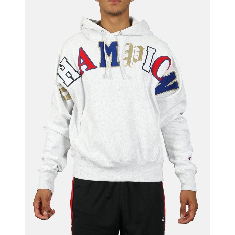 Champion Reverse Weave Old English Hoodie Mens XL Spellout Gray Gold Streetwear